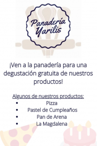 bakery flyer, Spanish text, graphics of pizza and cake